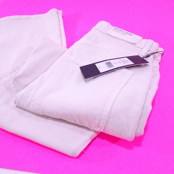 NWT 298 Veronica Beard Crosbie Cord Wide Leg Pants Jean Ecru Sz 27 NWT 298